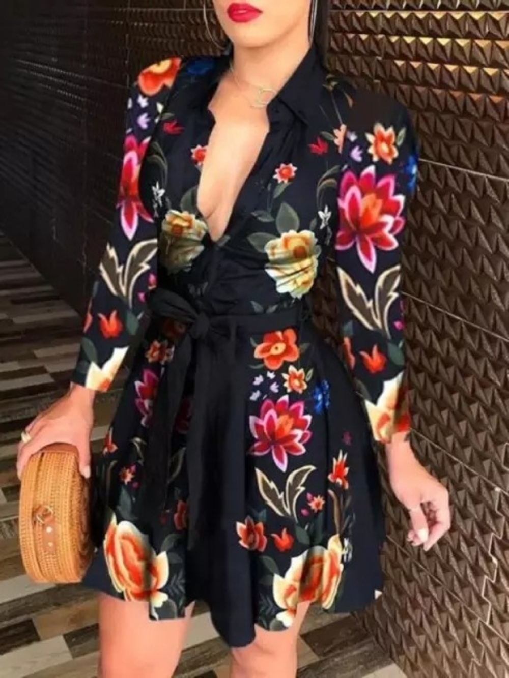 Floral Tie-Waist Black Dress